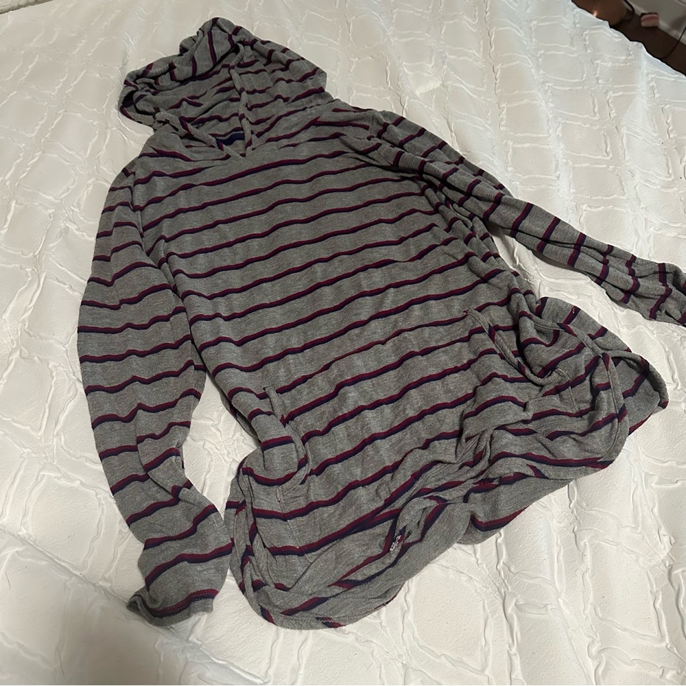 Gray Striped Long-Sleeve Tee with Hood